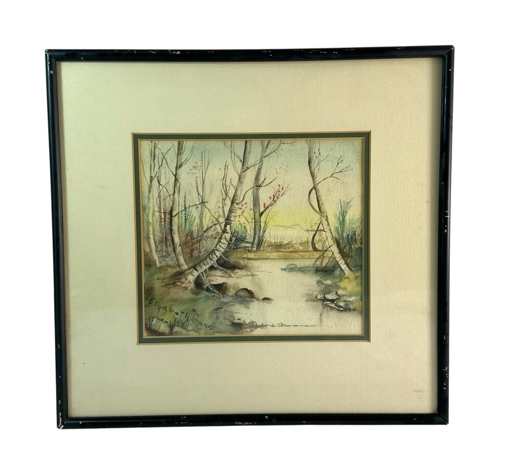 Elizabeth Gunn Signed Original Watercolor Woodland Stream Framed 15.5x14.5